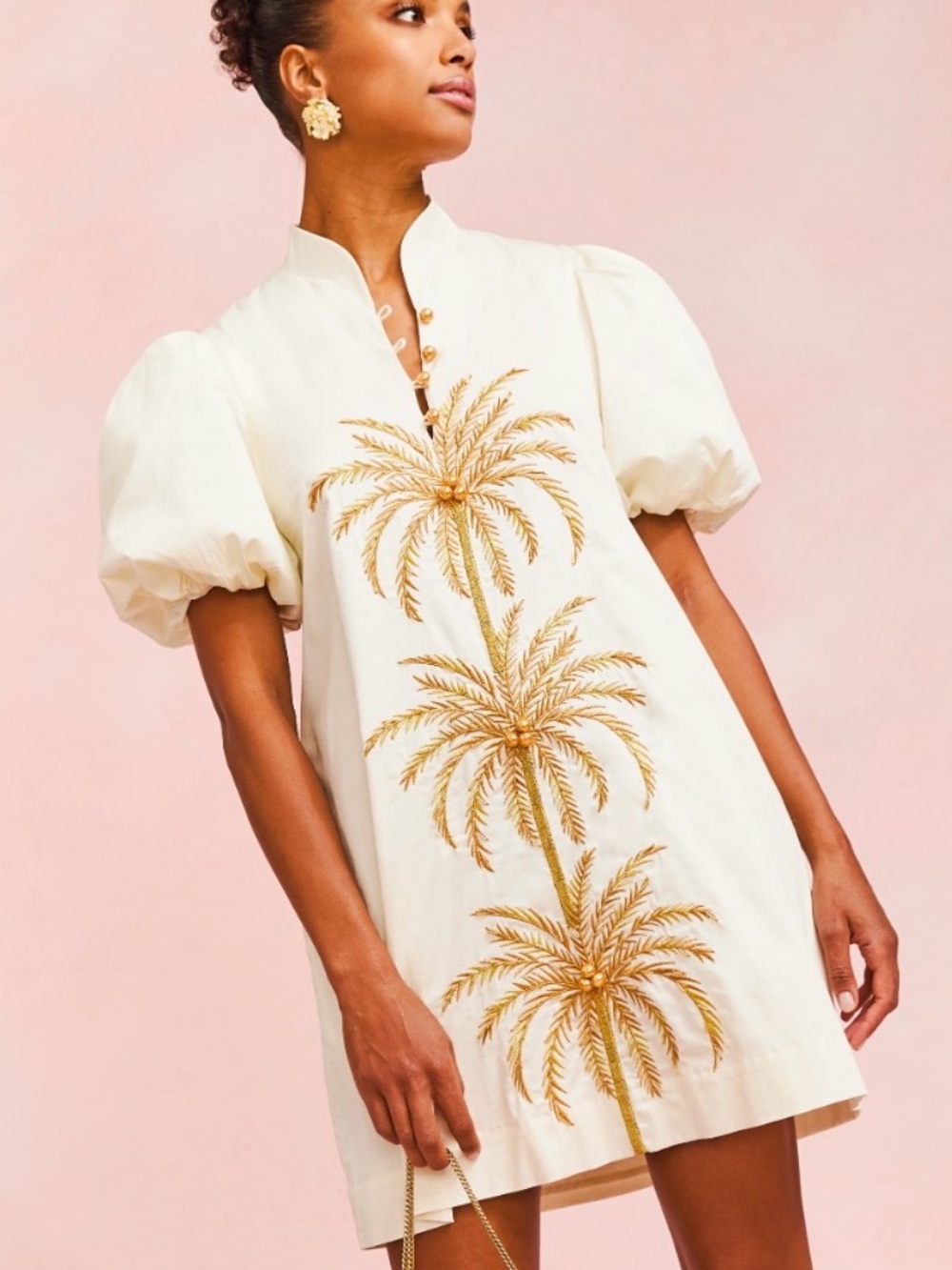 Mestiza Elliana Dress Large Palm Tree Embroidery Short Puff Sleeve Ivory Gold